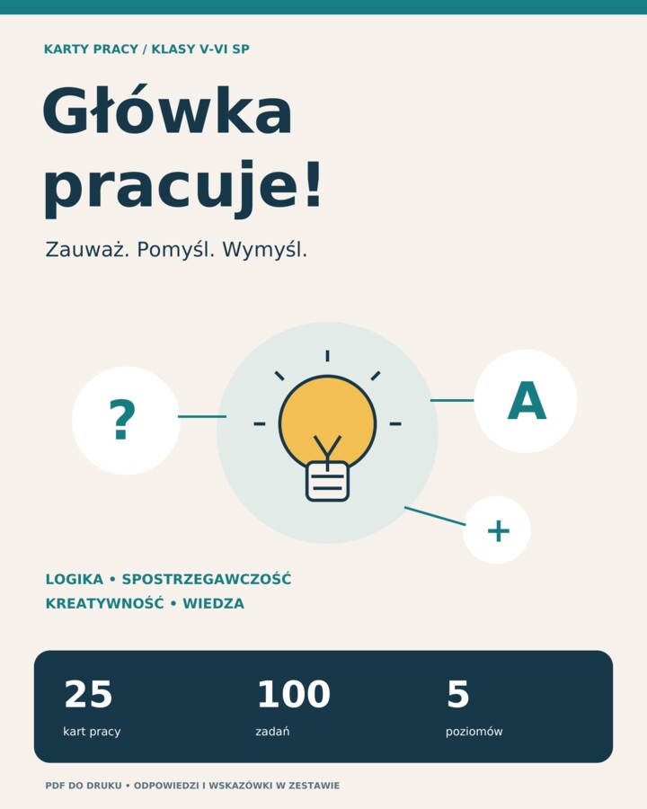 Główka pracuje! Klasy 5-6 | 25 kart, 100 zadań | 5 poziomów + odpowiedzi