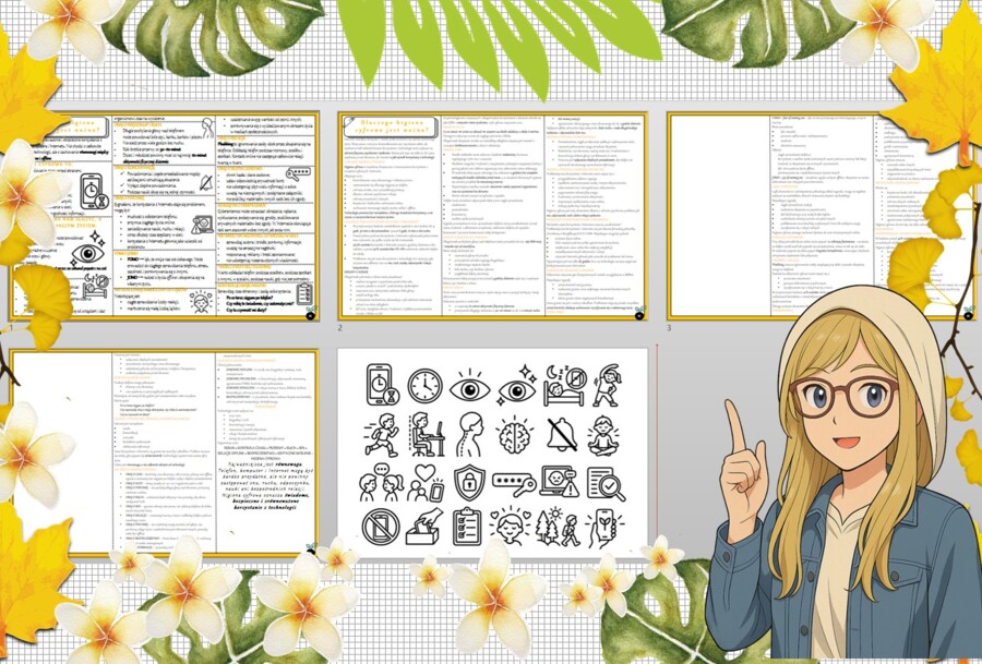 Sketchnotka/notatka dla ucznia i osobna notatka jako przypomnienie dla nauczyciela w pdf. Temat "Dlaczego higiena cyfrowa jest ważna?". Edukacja zdrowotna. Klasa 4.