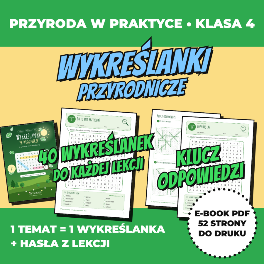 Wykreślanki przyrodnicze klasa 4 – 40 kart pracy do każdej lekcji z kluczem odpowiedzi (PDF, nowa podstawa)