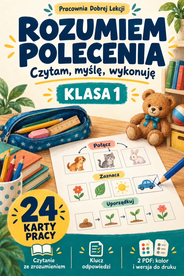 Rozumiem polecenia. Klasa 1 – 24 karty pracy | Czytanie ze zrozumieniem PDF