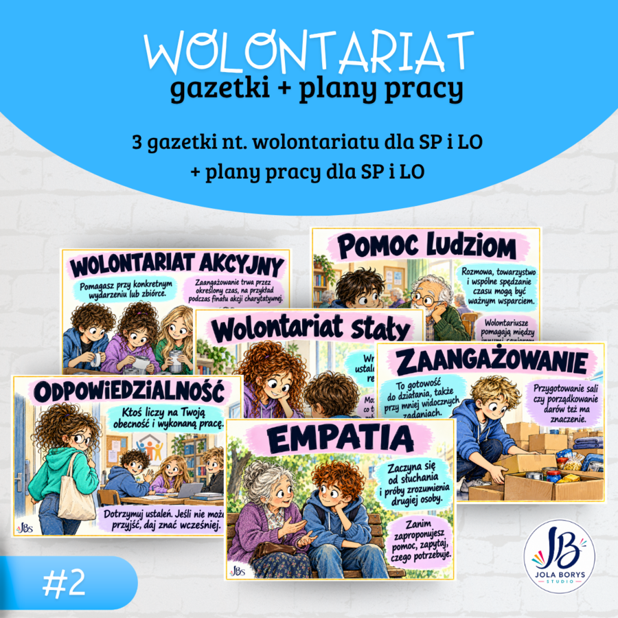 Wolontariat szkolny – 3 gazetki edukacyjne + 2 roczne plany pracy Szkolnego Koła Wolontariatu | SP i LO