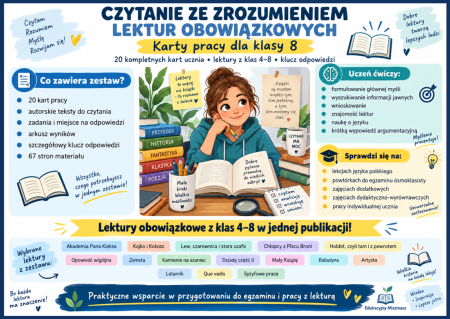 ✍️  Karty pracy dla klasy 8 – CZYTANIE ZE ZROZUMIENIEM lektur obowiązkowych z klas 4–8
