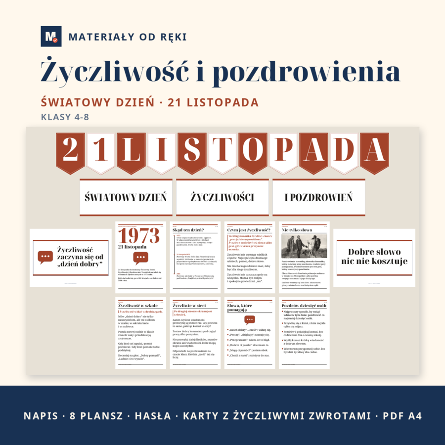 Gazetka na Światowy Dzień Życzliwości i Pozdrowień 21 listopada: napis, 8 plansz o życzliwości, hasła i karty ze zwrotami, klasy 4-8