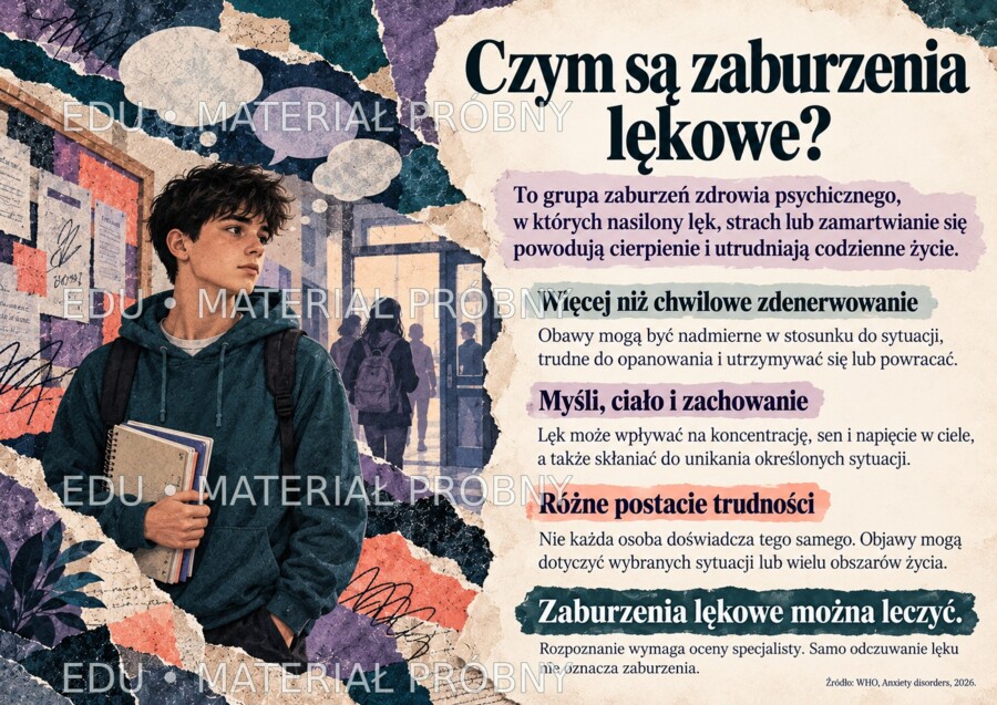 ZABURZENIA LĘKOWE — KIEDY LĘK UTRUDNIA ŻYCIE Gazetka edukacyjna | 20 plansz A4 w układzie poziomym