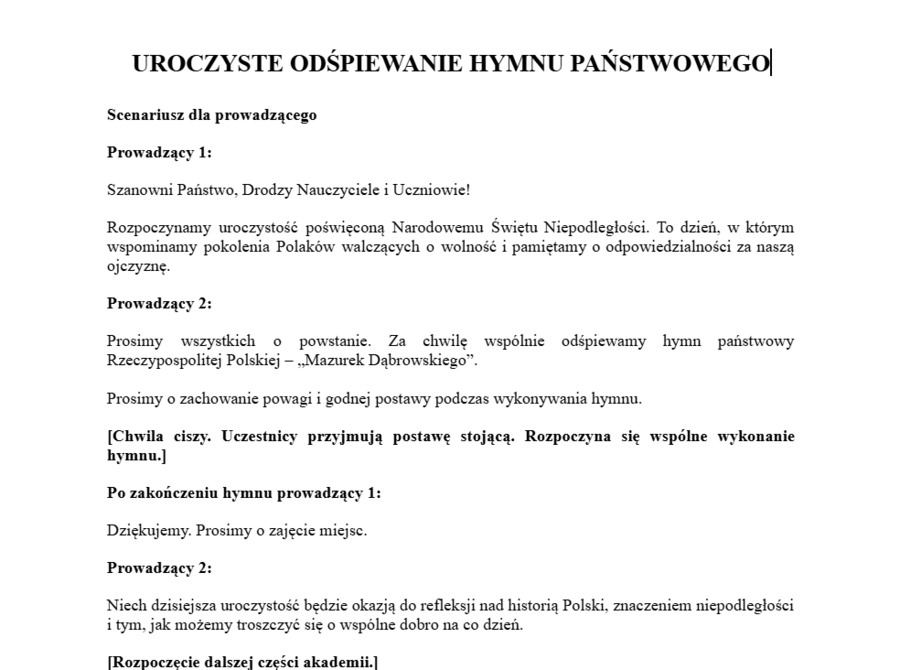 Uroczyste odśpiewanie hymnu Państwowego- scenariusz 11.11
