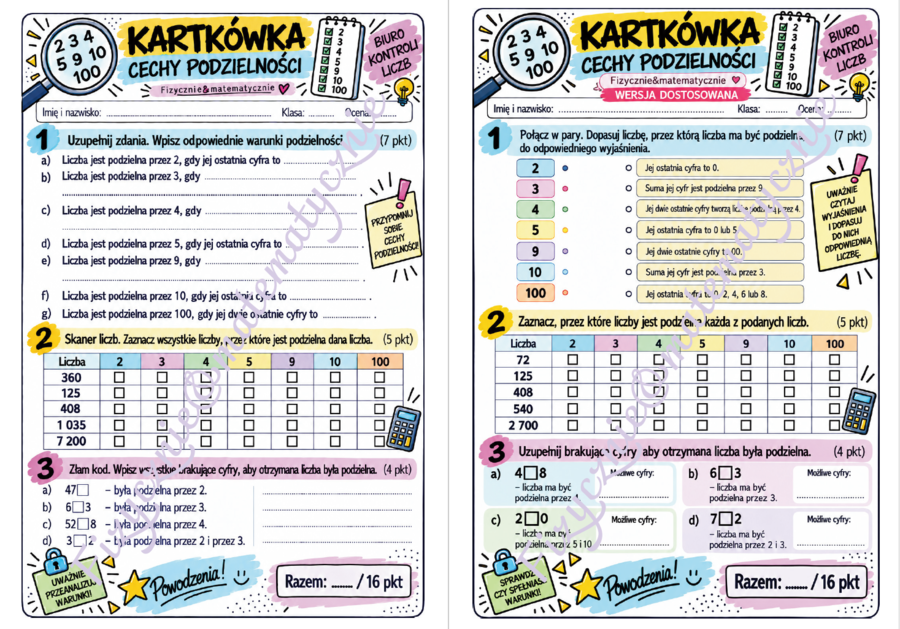Kartkówka – Cechy podzielności liczb | Matematyka | Klasa 5-7 | Wersja podstawowa i dostosowana + klucze odpowiedzi