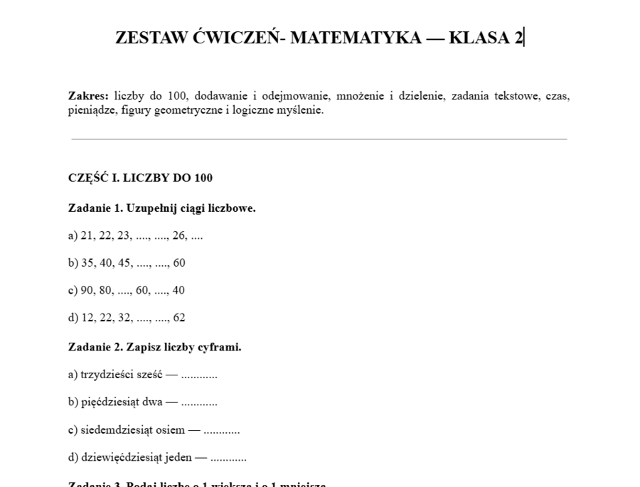 Zestaw ćwiczeń matematyka klasa II