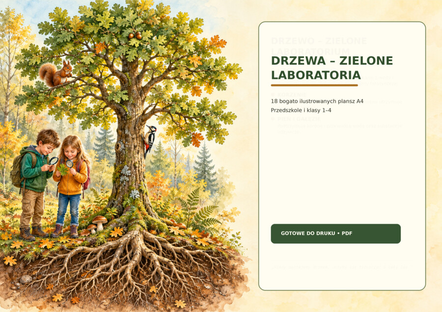 Drzewa – zielone laboratoria | 18 plansz, przedszkole i klasy 1–4