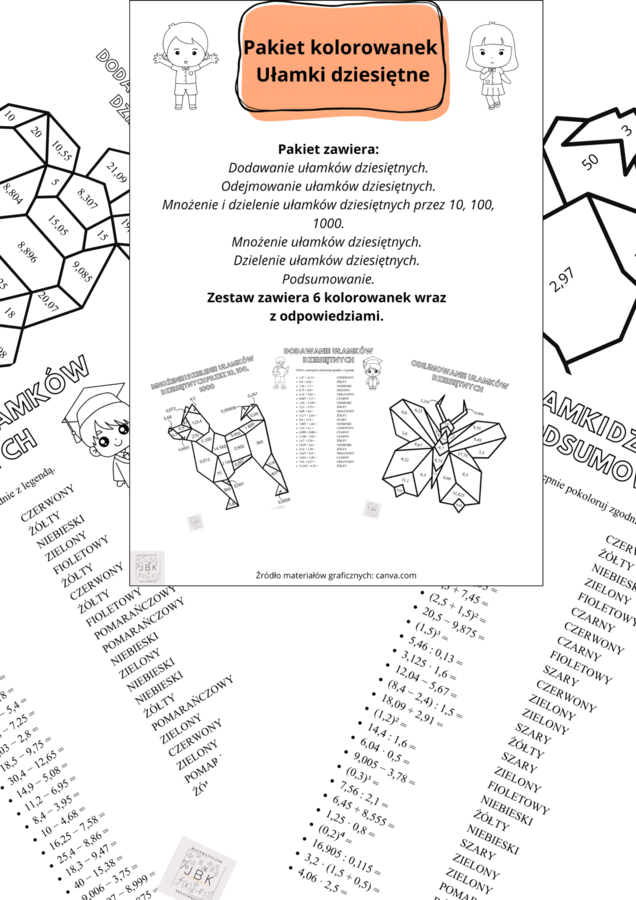 Pakiet kolorowanek - Działania na ułamkach dziesiętnych