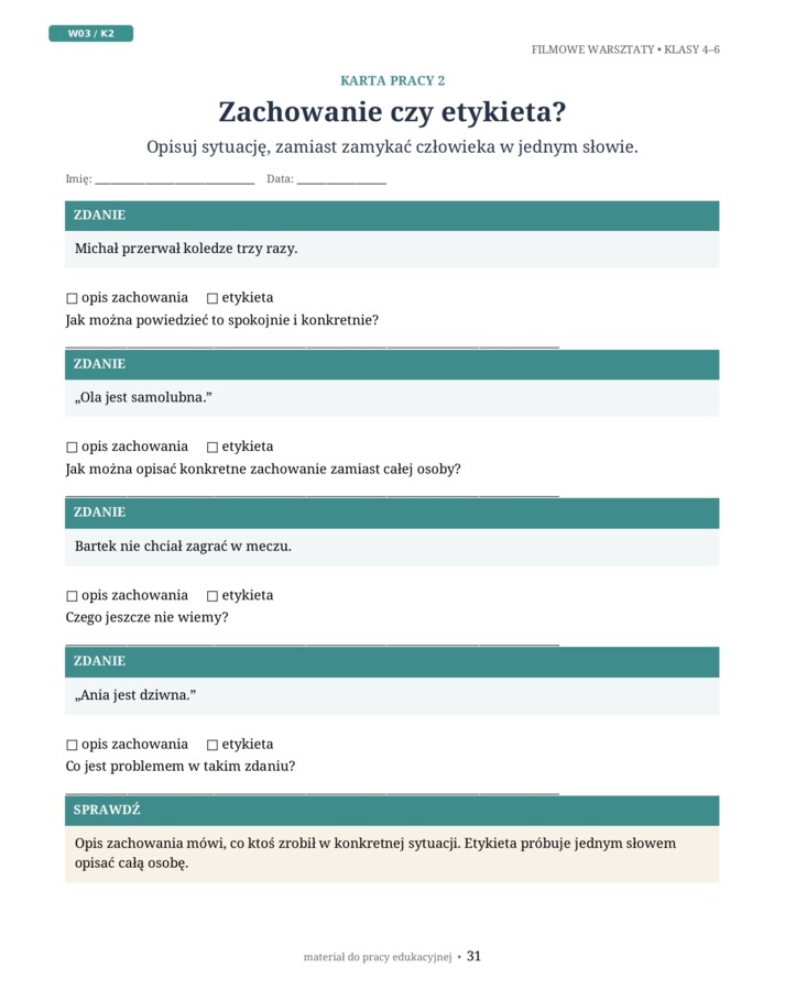Filmowe warsztaty dla klas 4–6 – 20 filmów, 20 scenariuszy i 117 kart pracy A4