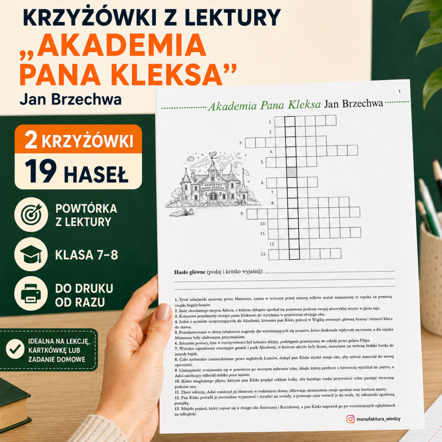 Krzyżówki z lektury „Akademia Pana Kleksa” – 2 karty pracy | 19 haseł | powtórka, kartkówka, egzamin ósmoklasisty
