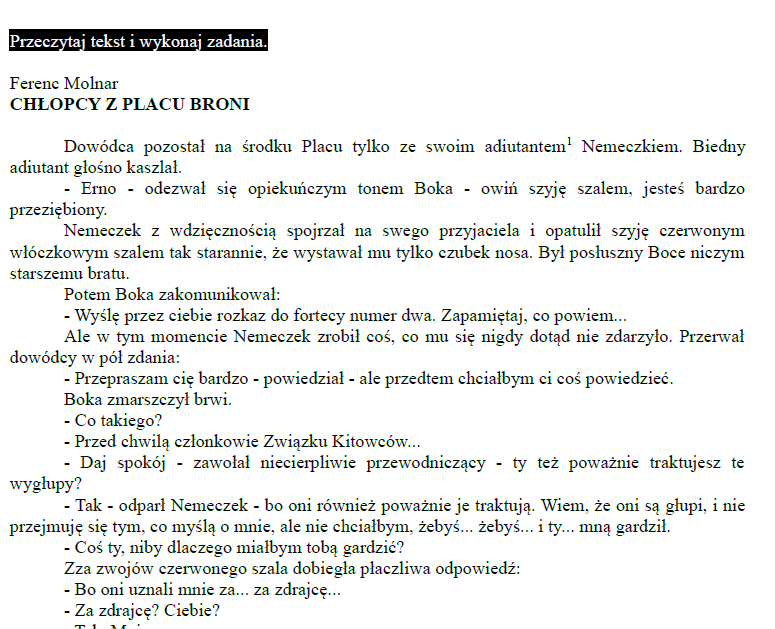 Chłopcy z Placu Broni - arkusz zgodny z wymaganiami na  rok szkolny 2026/2027