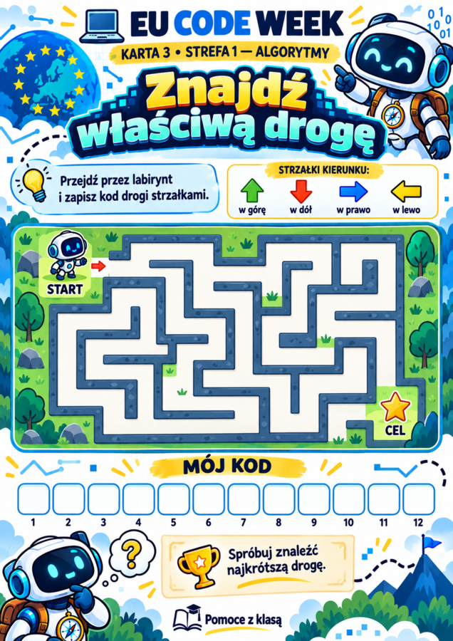 EU Code Week – „Misja: Cyfrowy Odkrywca” | 20 kart pracy + scenariusz + paszport + certyfikat | kl. 4–8