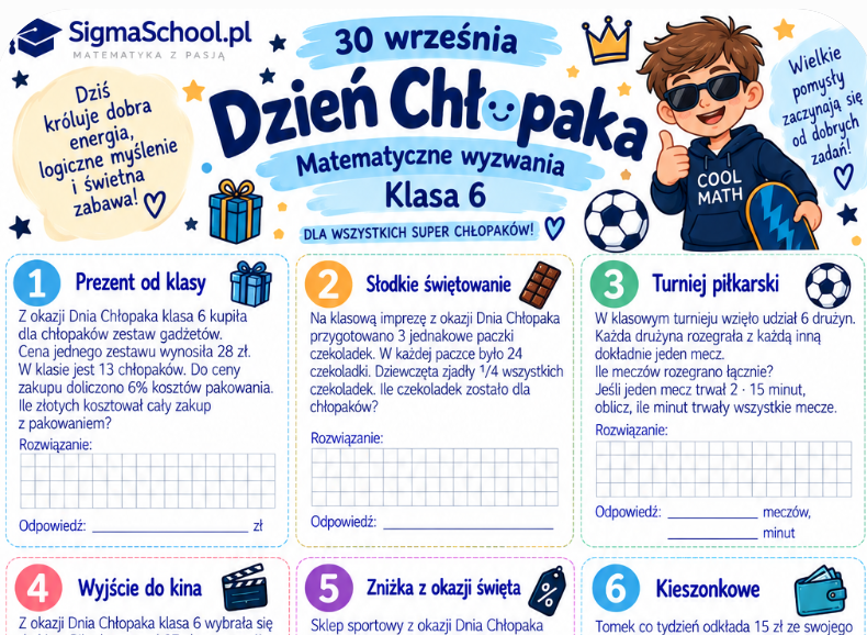 Karta Pracy na Dzień Chłopaka – Matematyczne Wyzwania dla Klasy 6 (Sigma School)
