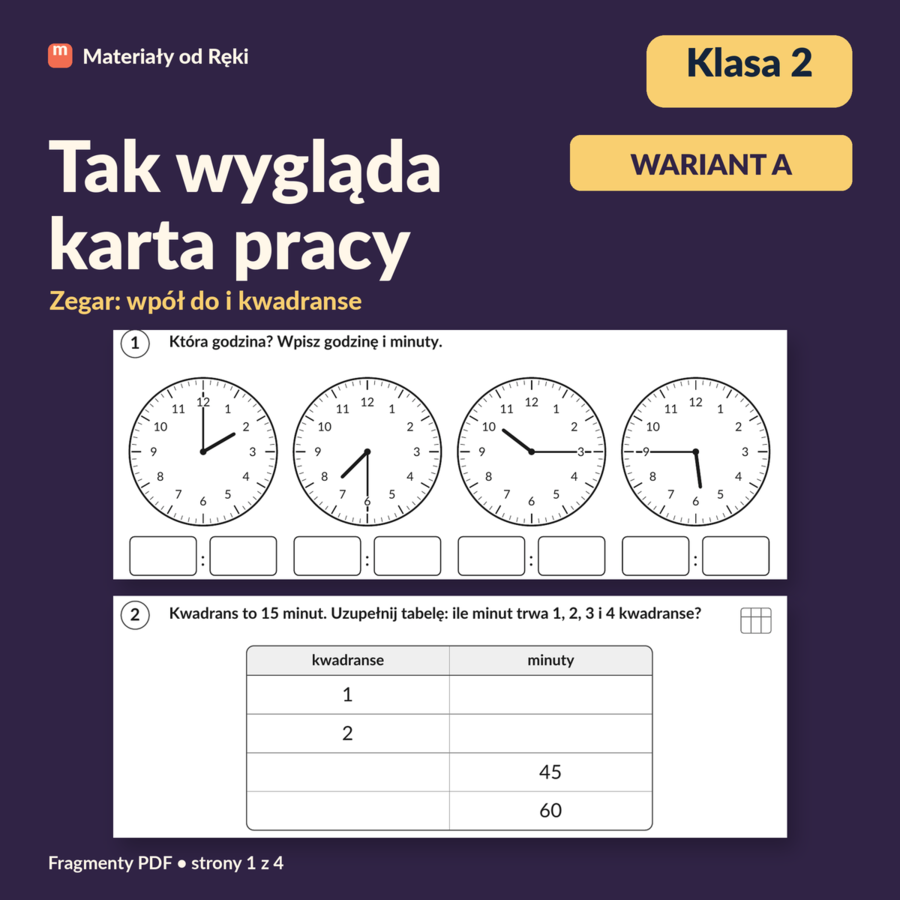 Zegar: wpół do i kwadranse - karta pracy z kluczem | Matematyka, klasa 2 | Wariant A