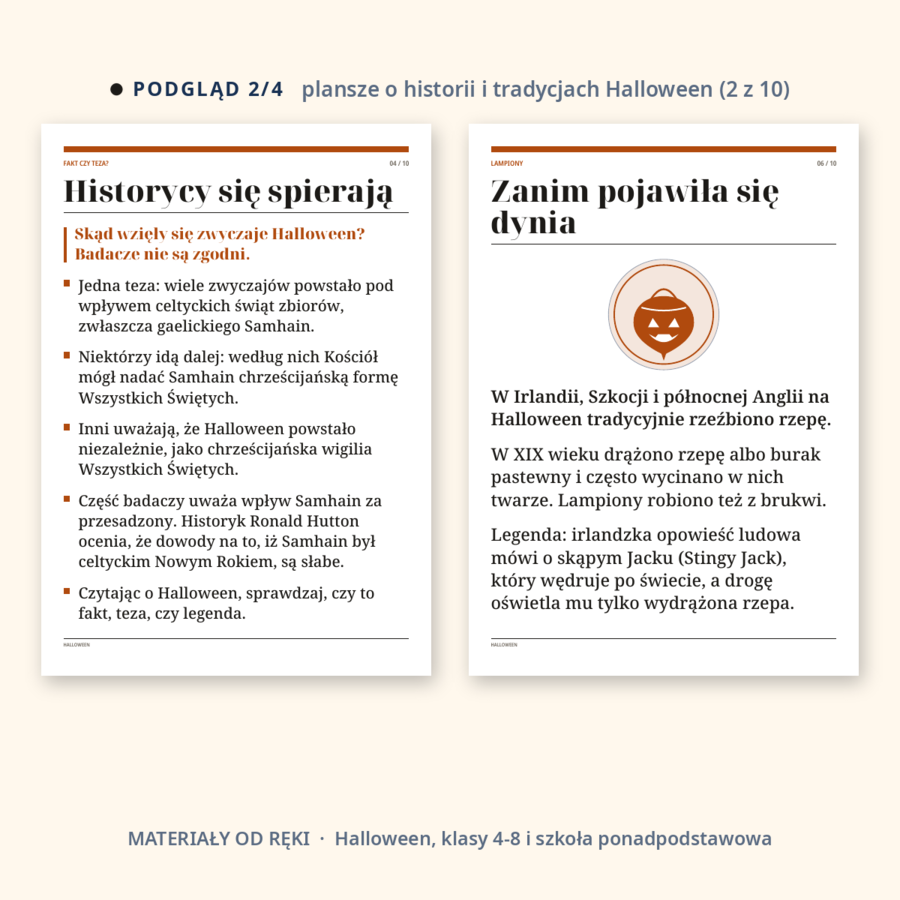 Gazetka na Halloween 31 października: napis, 10 plansz o historii i tradycjach z osią czasu, hasła i karty ze słówkami, klasy 4-8 i szkoła ponadpodstawowa