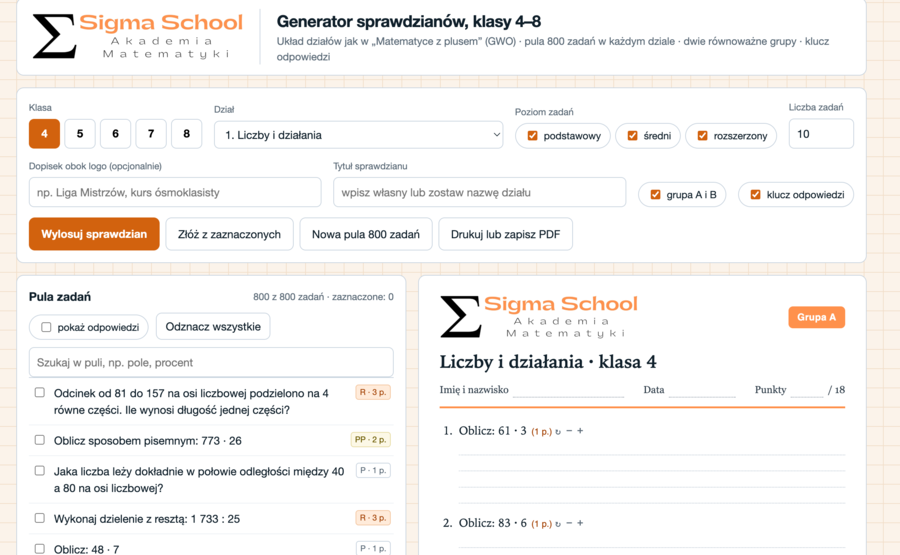 Generator sprawdzianów z matematyki, klasy 4–8 (32 000 zadań, dwie grupy, klucz)