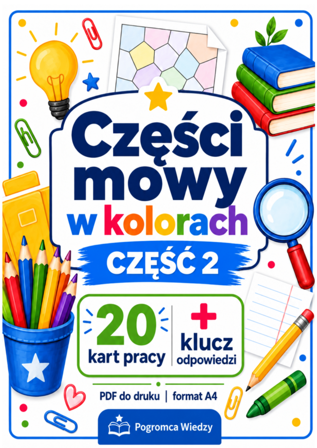 Części mowy w kolorach – część 2 | 20 kart pracy + klucz odpowiedzi