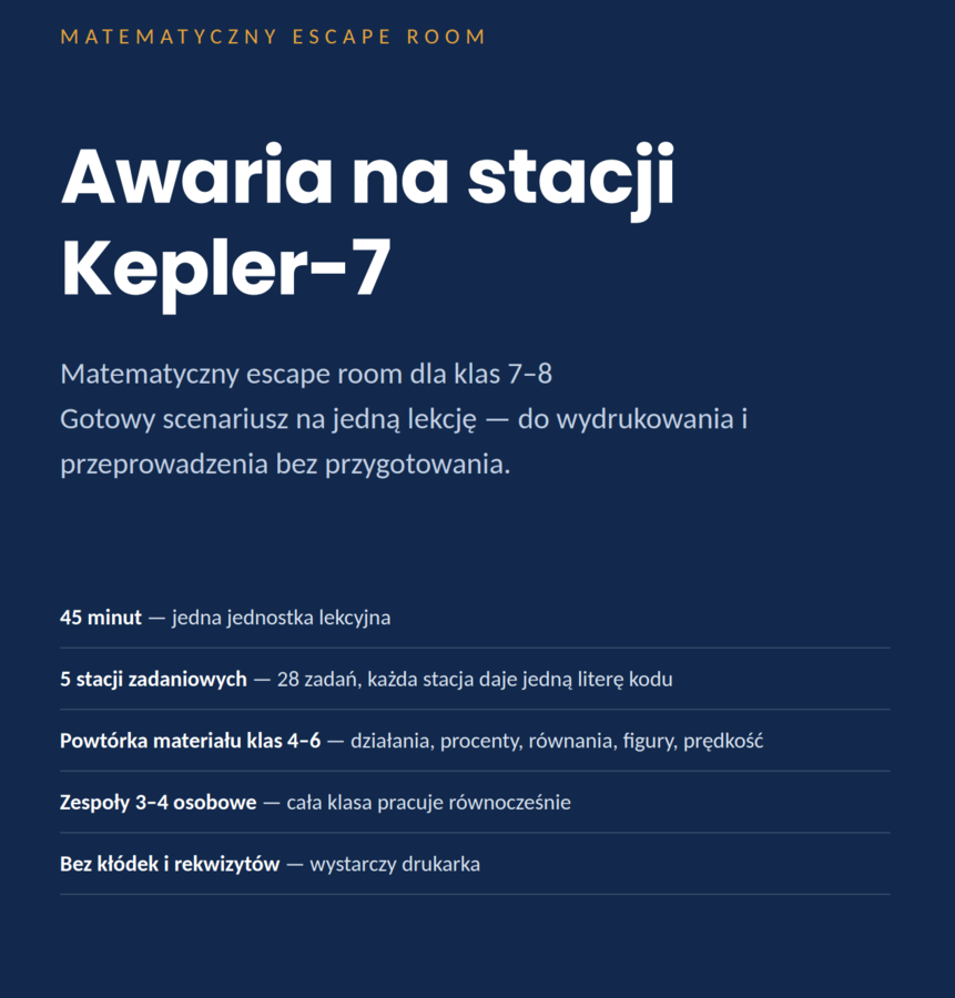 Escape room matematyczny: Awaria na stacji Kepler-7 — powtórka klas 4–6 (klasy 7–8, PDF)