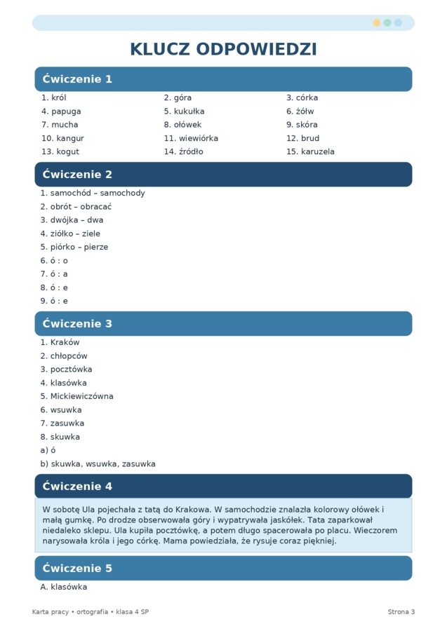 Ó czy U? – karta pracy z kluczem | 3 wersje graficzne | klasa 4
