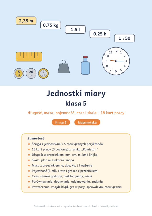 Jednostki miary klasa 5: długość, masa, pojemność, czas i skala – karty pracy