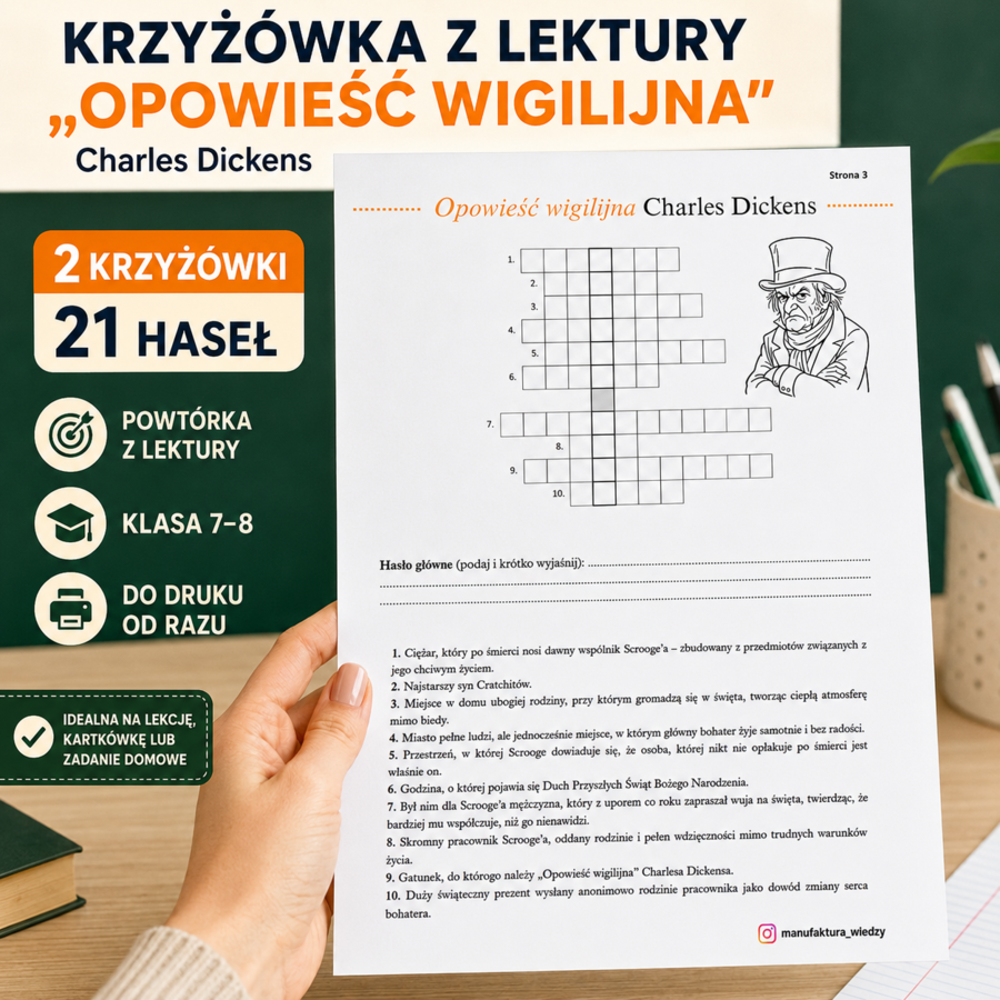 Krzyżówki z lektury „Opowieść wigilijna” - 2 karty pracy z odpowiedziami | Klasy 7-8 | egzamin ósmoklasisty, powtórzenie