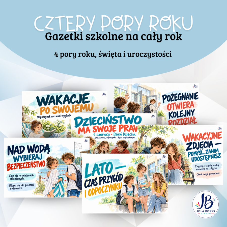Gazetki szkolne na cały rok – 4 pory roku, święta i uroczystości | 80 plansz + 4 banery do druku