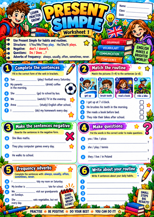 ENGLISH GRAMMAR – 10 KOLOROWYCH KART PRACY A4 | najważniejsza gramatyka angielska | klasy 4–8 | PDF do druku