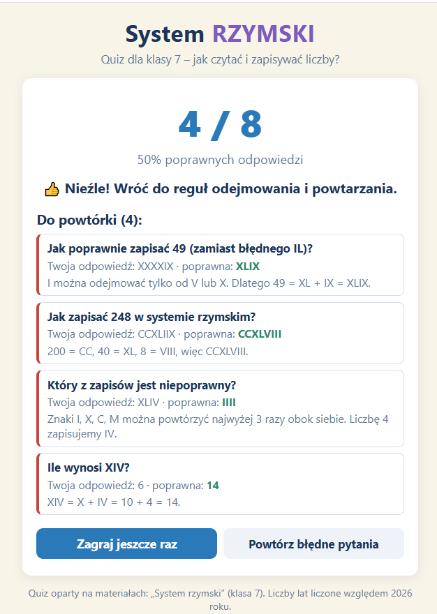 System rzymski. Klasa 7. Interaktywny quiz na komputer z podpowiedziami i wyjaśnieniami