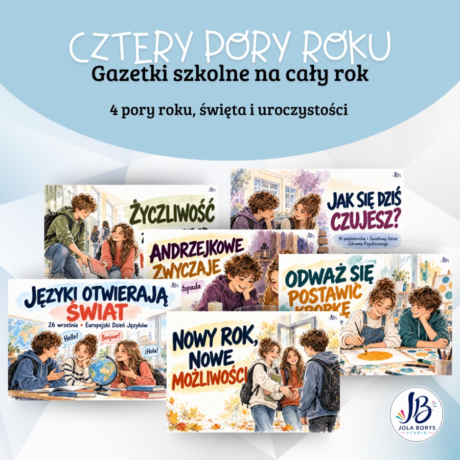 Gazetki szkolne na cały rok – 4 pory roku, święta i uroczystości | 80 plansz + 4 banery do druku