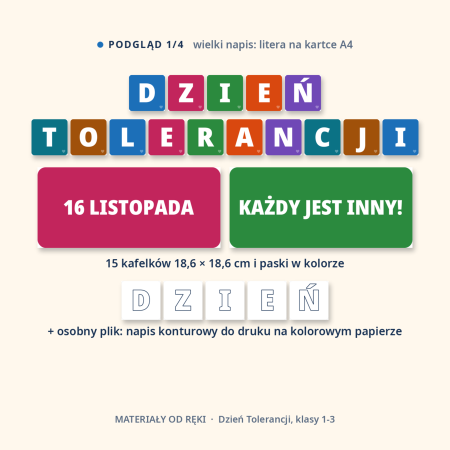 Gazetka na Międzynarodowy Dzień Tolerancji 16 listopada: napis, 10 plansz o tolerancji na co dzień, hasła i dekoracje, klasy 1-3
