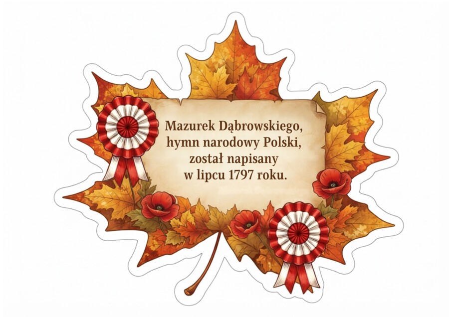 11 Listopada – Narodowe Święto Niepodległości. Dekoracja maxi (75x50 cm), Hymn Polski (zwrotki i refren) oraz karty historyczne – gazetka szkolna.