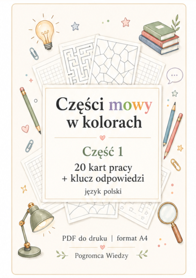 Części mowy w kolorach – część 1 | 20 kart pracy + klucz odpowiedzi
