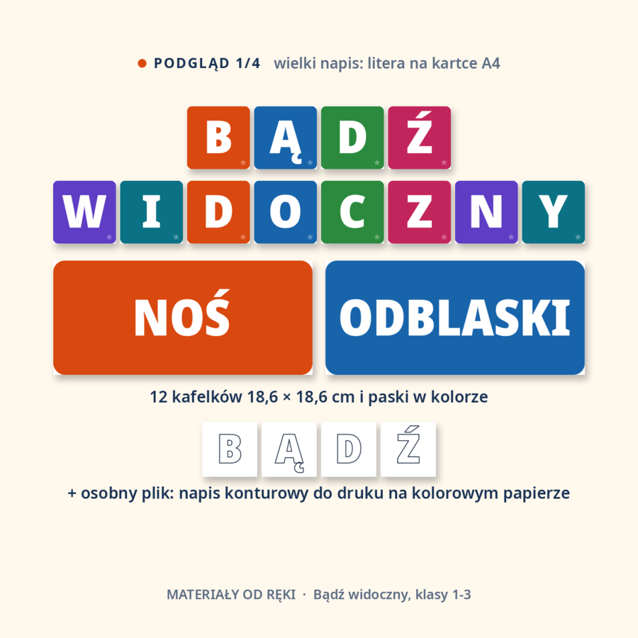 Gazetka Bądź widoczny, noś odblaski: napis, 9 plansz o odblaskach, przepisach dla pieszych i bezpiecznej drodze do szkoły, hasła i dekoracje, klasy 1-3