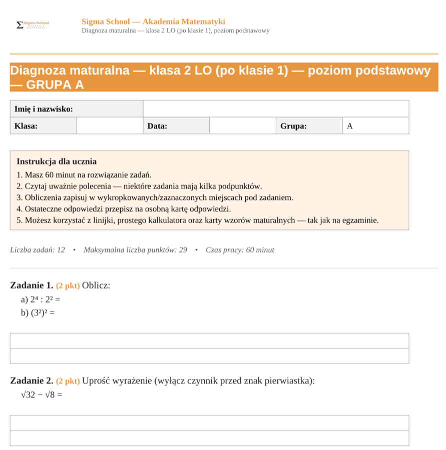 Diagnoza z matematyki – klasa 2 LO (poziom podstawowy)