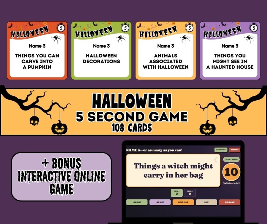 Halloween – 5 Second Game | Dynamiczna Gra Językowa + INTERAKTYWNY BONUS ONLINE (108 Kart + Wersja Cyfrowa)