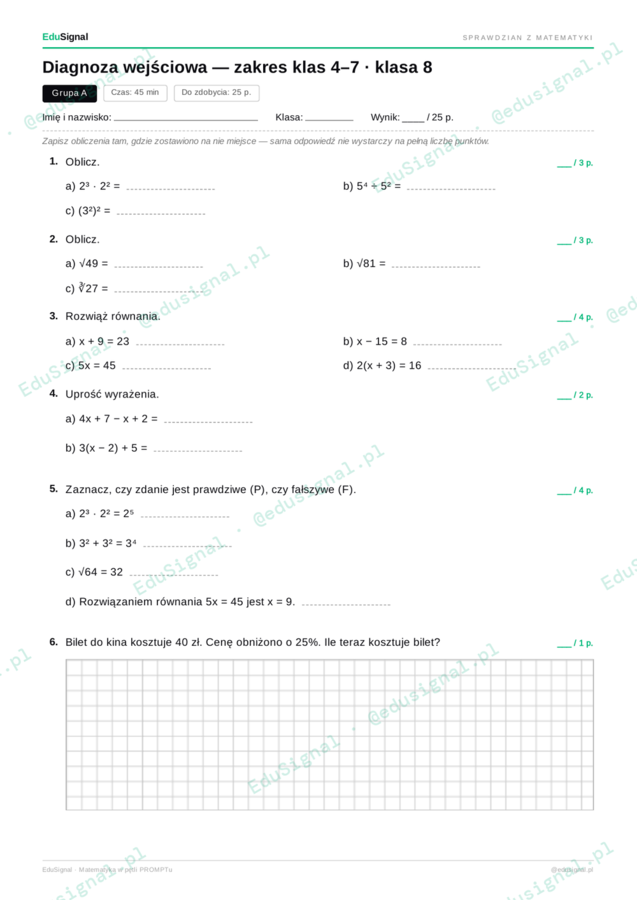 Diagnoza wejściowa z matematyki — klasa 8, zakres klas 4–7 (3 wersje + klucz diagnostyczny)