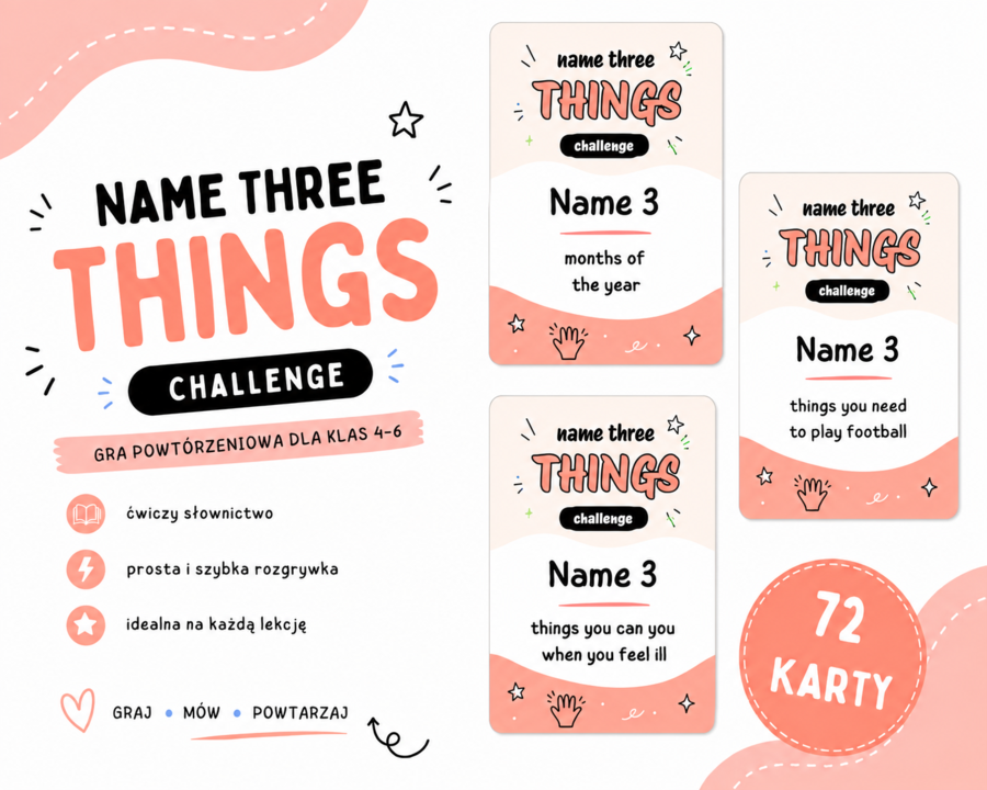 Name Three – gra karciana do powtórki słownictwa | klasy 4–6