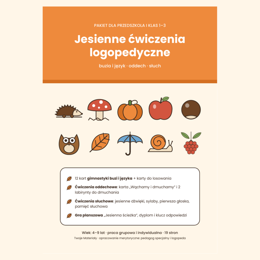 Jesienne ćwiczenia logopedyczne – gimnastyka buzi i języka, oddech, słuch fonematyczny + gra | przedszkole i klasy 1–3