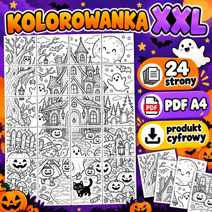 Halloween – Wesoły nawiedzony dom | Kolorowanka XXL – 24 strony A4 do druku | PDF
