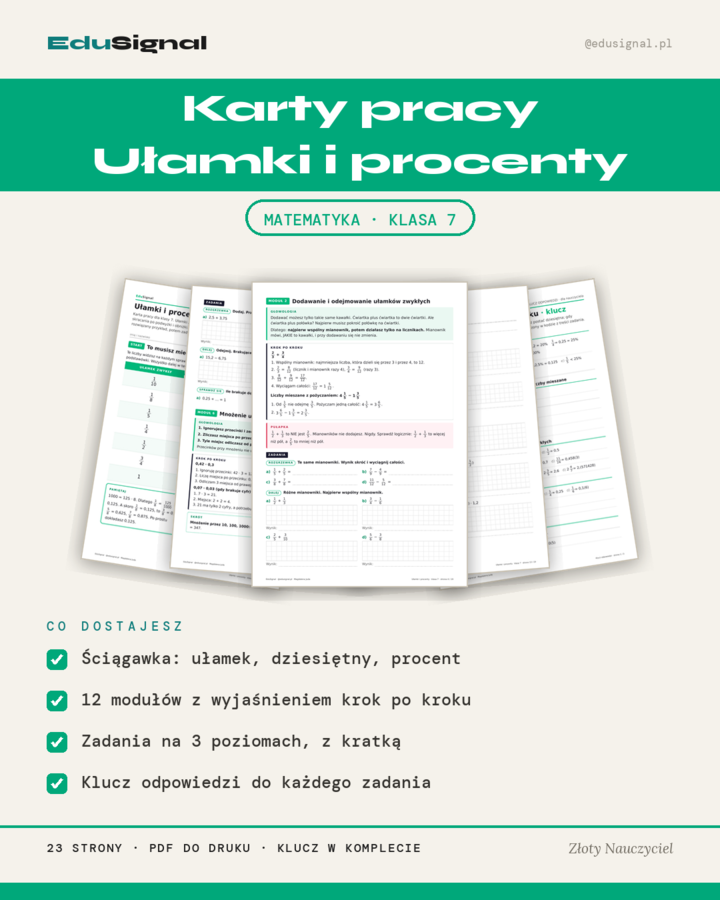 Ułamki zwykłe, dziesiętne i procenty krok po kroku — karty pracy, klasa 7 (+ klucz)