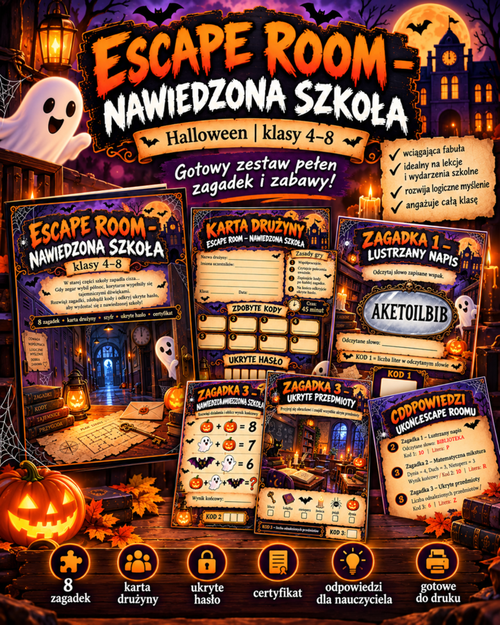 Escape Room Halloween „Nawiedzona Szkoła” – 8 zagadek, kl. 4–8