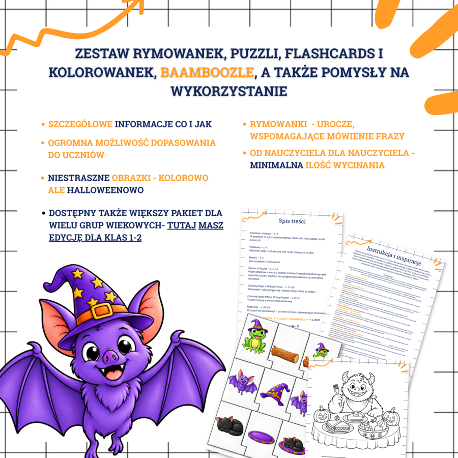 Halloween Rhymes - angielski dla klas 1–2! 6-7-8 lat - rymowanki, puzzle dwustronne, pisanie i kolorowanki!