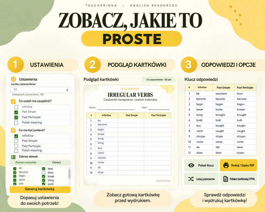 Irregular Verbs -Czasowniki nieregularne - Kartkówki - Generator - Matura