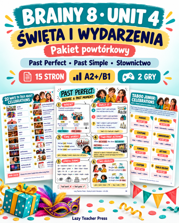 Brainy 8 Unit 4 – Święta i wydarzenia | Past Perfect, karty pracy i 2 gry | 15 stron