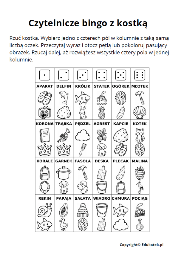 Czytelnicze bingo z kostką