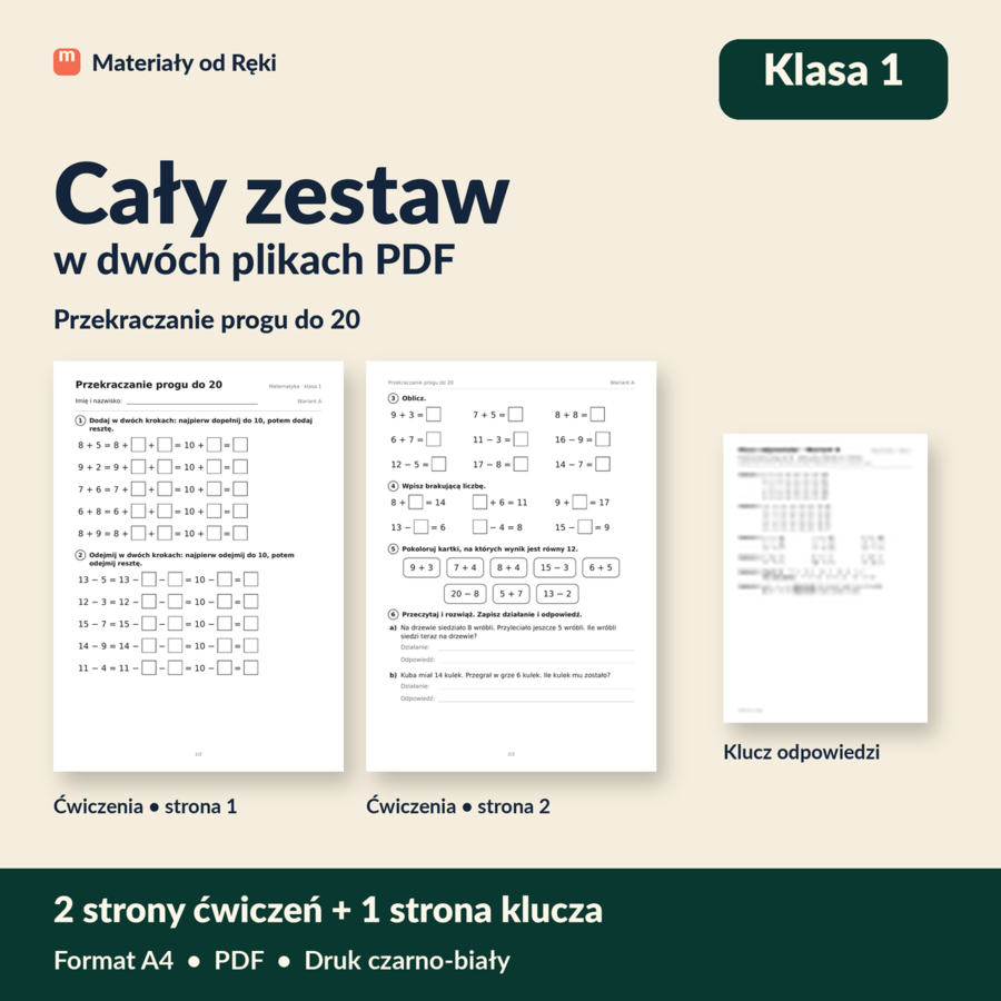 Przekraczanie progu dziesiątkowego do 20 - karta pracy z kluczem | Matematyka, klasa 1 | Wariant A