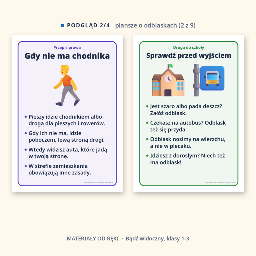 Gazetka Bądź widoczny, noś odblaski: napis, 9 plansz o odblaskach, przepisach dla pieszych i bezpiecznej drodze do szkoły, hasła i dekoracje, klasy 1-3