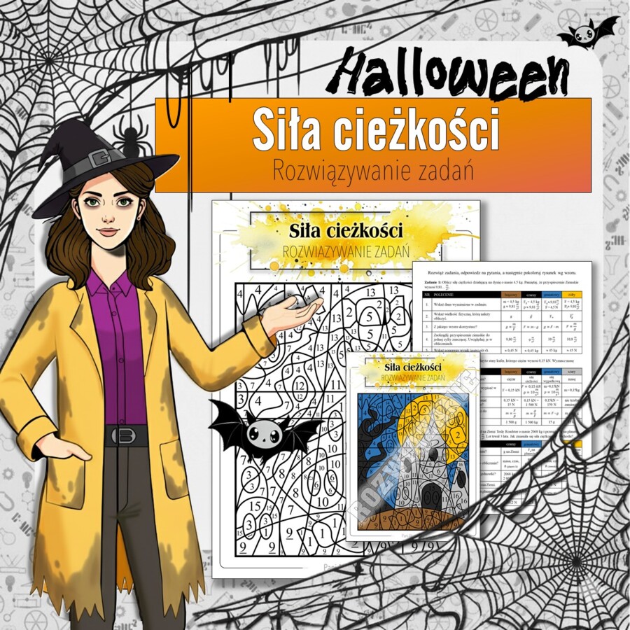 Siła ciężkości - Karta pracy, Kolorowanka naukowa | Fizyka klasa 7 | Halloween