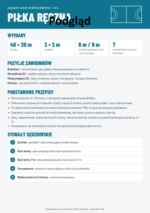 Infografiki zasady gier zespołowych, fair play, pierwsza pomoc, rozciąganie po wysiłku, regulamin WF